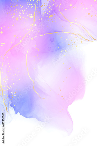 Purple rose and lavender liquid marble background with gold stripes and glitter dust. Pastel pink violet watercolor drawing effect. Vector illustration backdrop with gold splatter for wedding invite