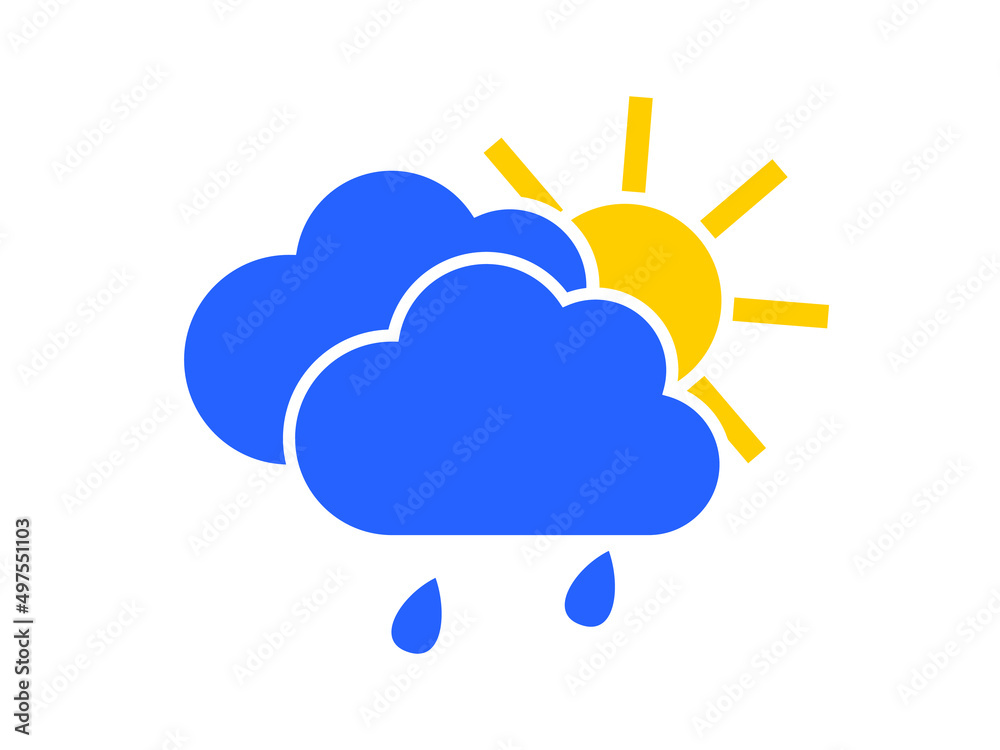 Blue cloud with raindrops and yellow sun. Wet rainy weather forecast icon isolated on white background. Vector. Blue cloud with raindrops and yellow sun. Wet rainy weather forecast icon isolated on white background. Vector.