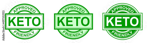 Set of keto stamps. Love keto. Ketogenic diet. Plant based vegan food product label. Green round stamp. Logo or icon. Sticker. Vegetarian.Keto approved friendly. 