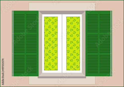 Ventanal verde con persianas y cortinas verdes. Fachada con ventana  decorada con cortinas verdes con hojas