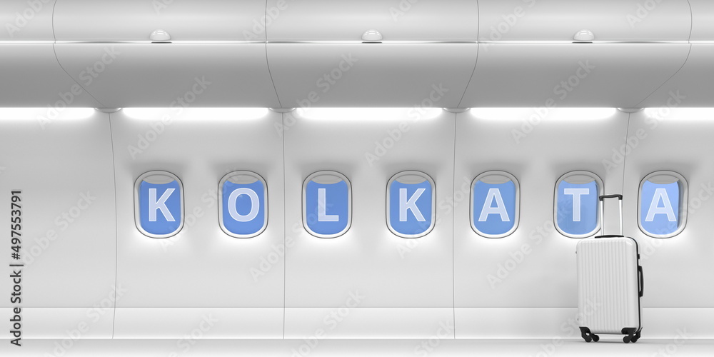 Kolkata text on an airplane portholes. 3d rendering