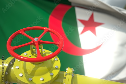 Gas or oil pipe valve and flag of Algeria. Conceptual 3d rendering