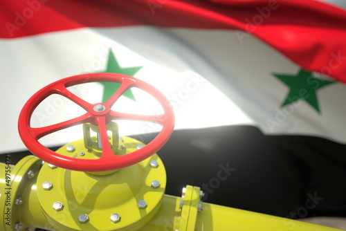 Waving flag of Syria and the gas or oil pipeline valve. Conceptual 3d rendering