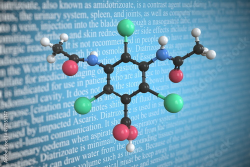 Amidotrizoate scientific molecular model, 3D rendering photo