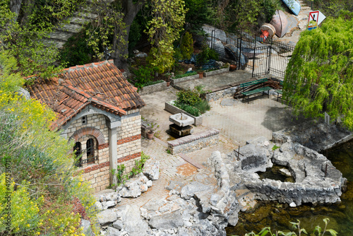 Cozy patio on Ohrid lake near Church of Jovan Kaneo in Ohrid city, North Macedonia