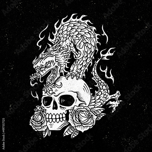 Dragon and skull illustration.