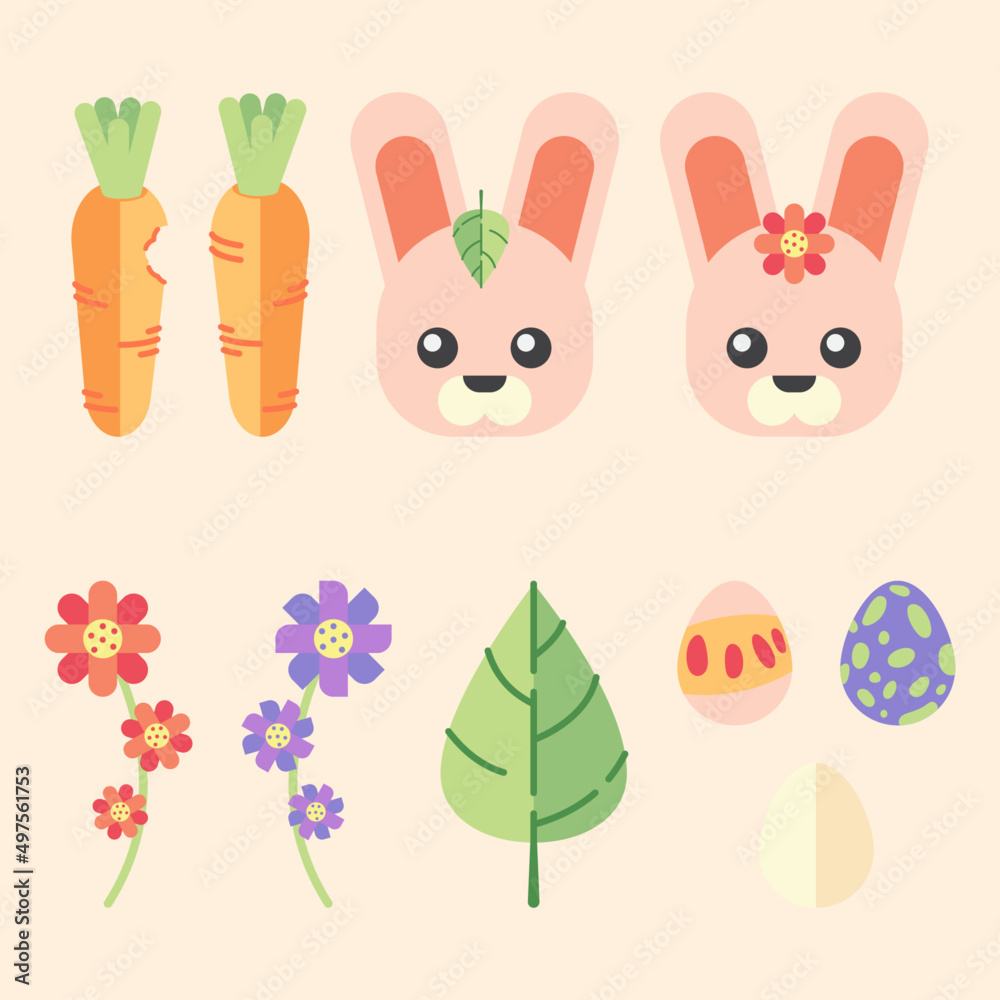 Pacote vetorial de elementos da páscoa em estilo flat. Coelho, cenoura, flores, folhas, ovos de páscoa, primavera.