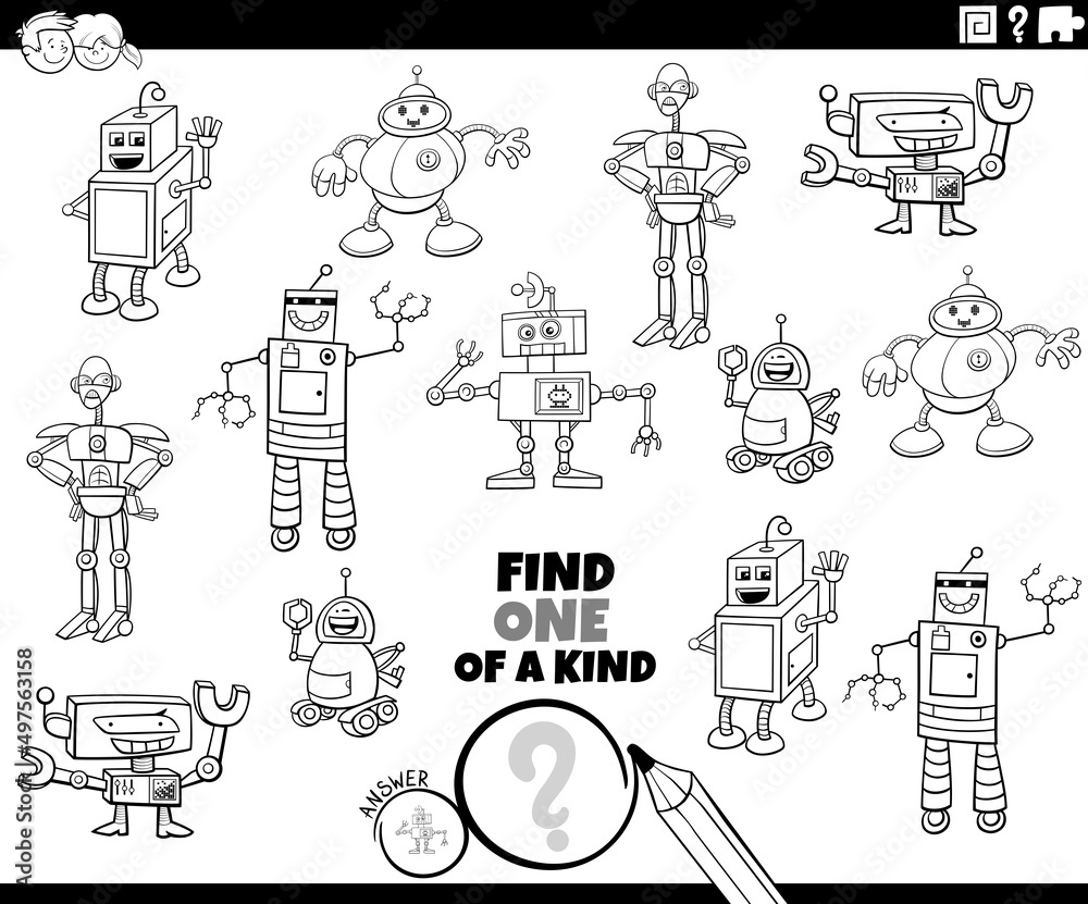 Obraz premium one of a kind game with cartoon robots coloring book page