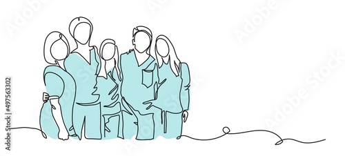 Medical staff, practitioners team vector illustration . One continuous line drawing of team of doctors. Minimalism design of medical people group photo