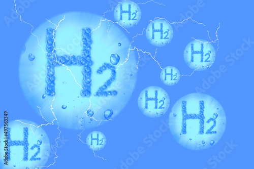 lot of h2 letters with bubbles hydrogen green energy of the future with lighnings and blue back photo