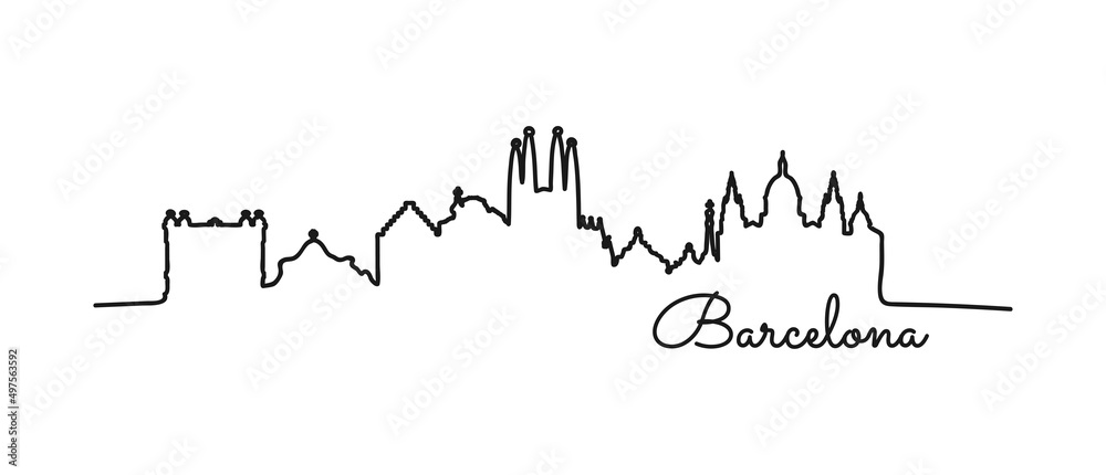 Barcelona city silhouette vector. One line art Barcelona. Can used as a label on t-shirt, hoodie, shopper, bag.
