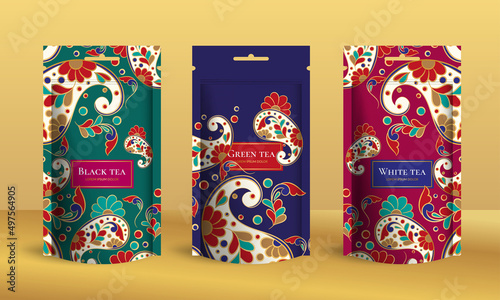 Tea packaging design with zip pouch bag mockup. Vector ornament template. Elegant, classic elements. Great for food, drink and other package types. Can be used for background and wallpaper.