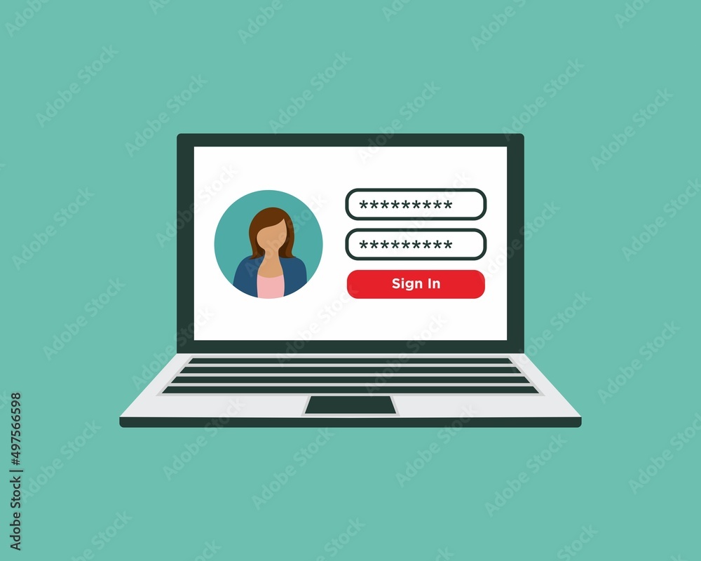 Login page on laptop screen. Notebook and online login form, sign in page. User profile, access to account concepts. Vector illustration. Login page on laptop screen. Notebook and online login form, sign in page. User profile, access to account concepts. Vector illustration.