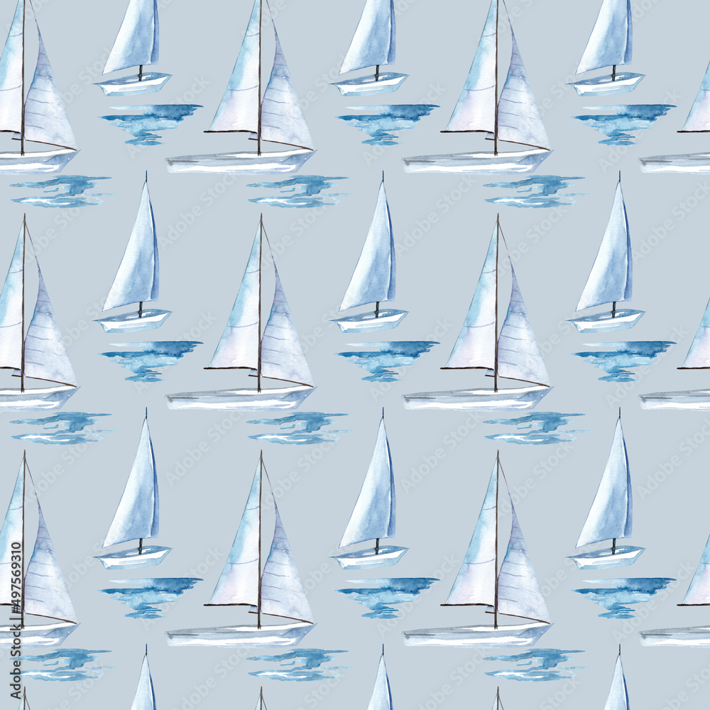 Sailboats on the waves. Seamless watercolor pattern for fabric. Rest, sea