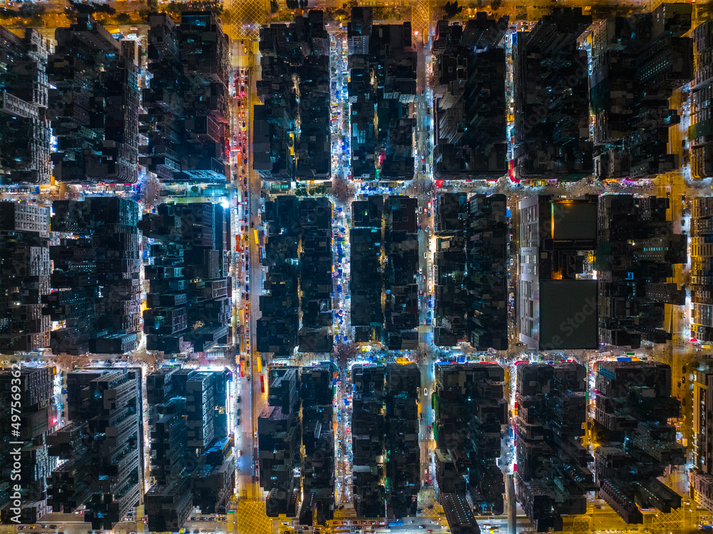 Aerial down view of Hong Kong city at night