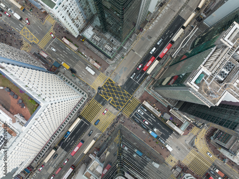 Fototapeta premium Top down view of Hong Kong city traffic intersection