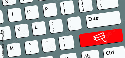 Keylogger icon or symbol.  Computer crime. Hacker using computers, for stealing data. Online ransomware, malware, steal personal data. Cyber warface. DDoS attack. digital attacks. Watching eye.