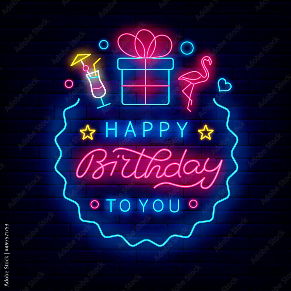 Happy birthday neon emblem. Shiny lettering with line icons. Present ...