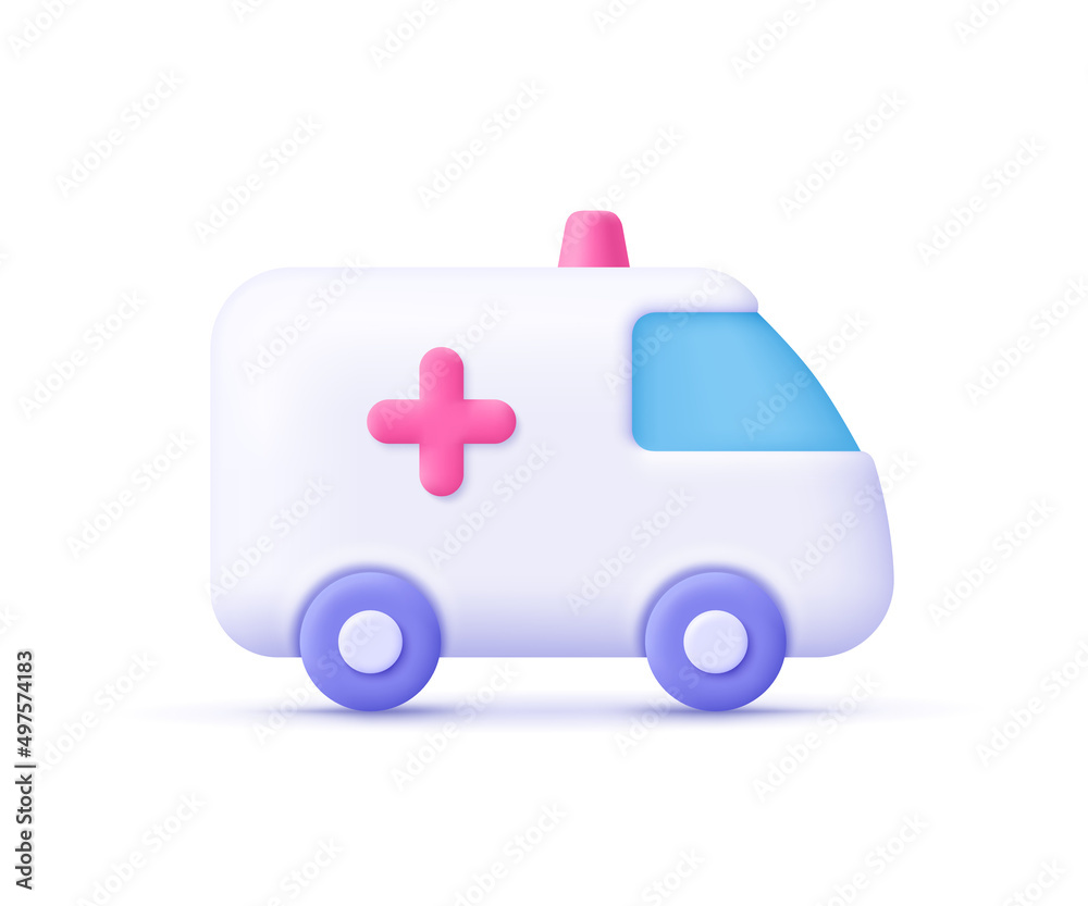 White ambulance car, medical van. Medical rescue service, healthcare, medicine, emergency concept. 3d vector icon. Cartoon minimal style. White ambulance car, medical van. Medical rescue service, healthcare, medicine, emergency concept. 3d vector icon. Cartoon minimal style.