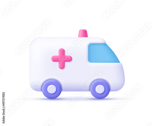 White ambulance car, medical van. Medical rescue service, healthcare, medicine, emergency concept. 3d vector icon. Cartoon minimal style.
