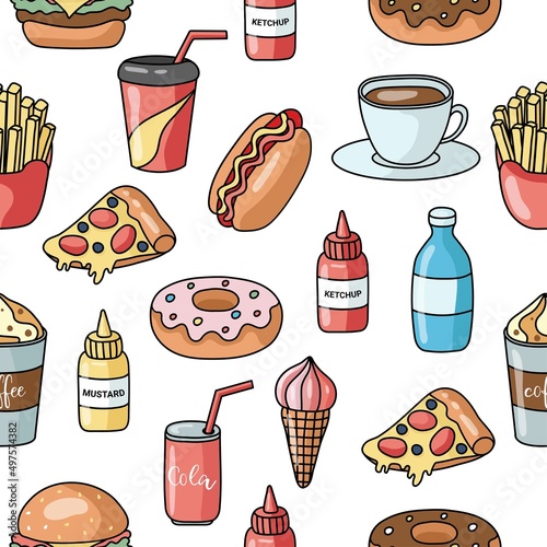 Fast food vector seamless pattern. Isolated on white background