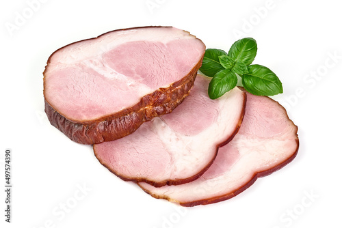 Smoked Pork Loin with slices, isolated on white background.