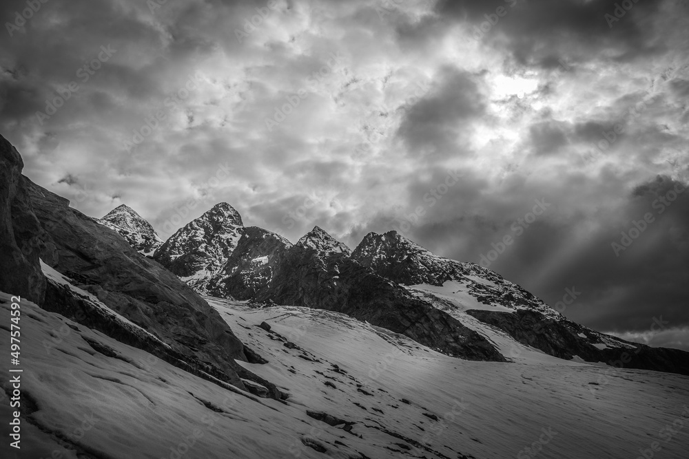 Black and white view of Palla Bianca Peaks from the Vallelunga Glacier, Alto Adige - Sudtirol, Italy. Popular mountain for climbers Black and white view of Palla Bianca Peaks from the Vallelunga Glacier, Alto Adige - Sudtirol, Italy. Popular mountain for climbers