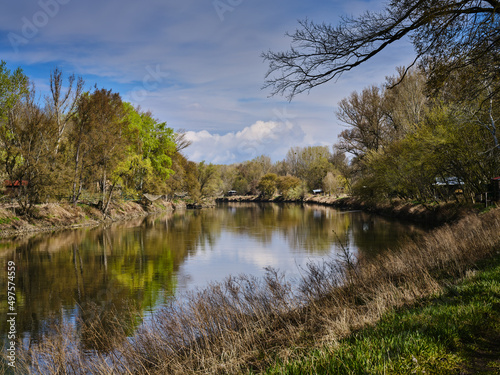 Morava river and wooden fishing houses, Sekule, Slovakia