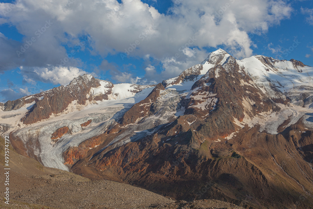 Panorama of the glaciers at the foots of the Palla Bianca peak, Alto Adige - Sudtirol, Italy. Popular mountain for climbers. The Palla Bianca is the second highest mountain in the Alto Adige region