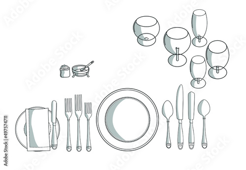 Hand-drawn Cutlery set with Plates, spoon, fork, knife, glass, cup on the table in American/ European style vector drawing