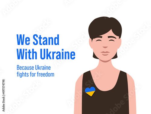 Stand with ukraine vector banner. Isolated Illustration. Brunette White Woman with heart pin with colors of Ukrainian flag. Praying for ukraine.