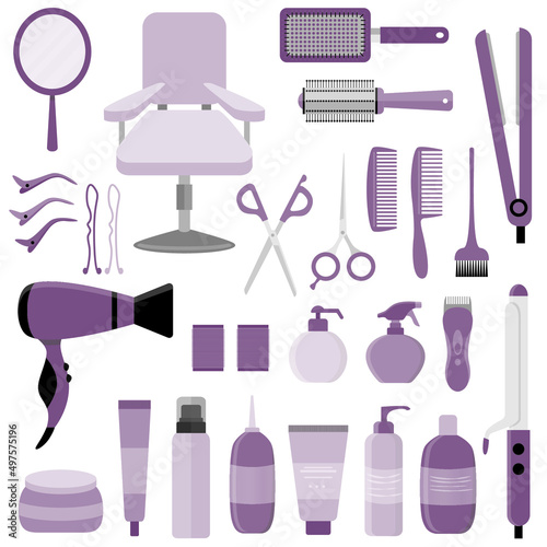 Hair styling tools kit set isolated on white background. Flat style accessories, shampoo, comb, hair curler, hairdryer, hair straightener, hairbrush, hairspray, mirror, hairpins ecc.
