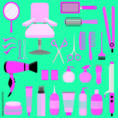 Pink hair styling tools kit set isolated on blue background. Flat style accessories, shampoo, comb, hair curler, hairdryer, hair straightener, hairbrush, hairspray, mirror, hairpins ecc.