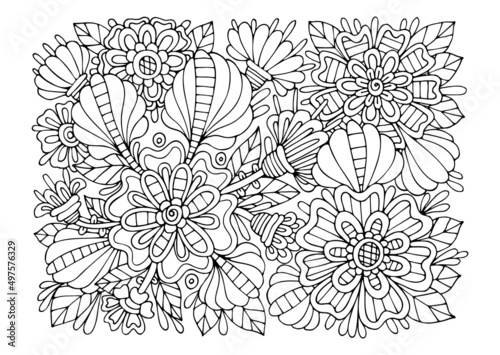 Coloring page bouquet of flowers thin line art. Floral pattern of garden plants. Hand drawn vector illustration. Simple doodle. Summer coloring book for children and adults.