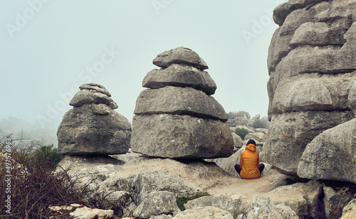 Woman young looking rock formation valley Torcal Antequera photo