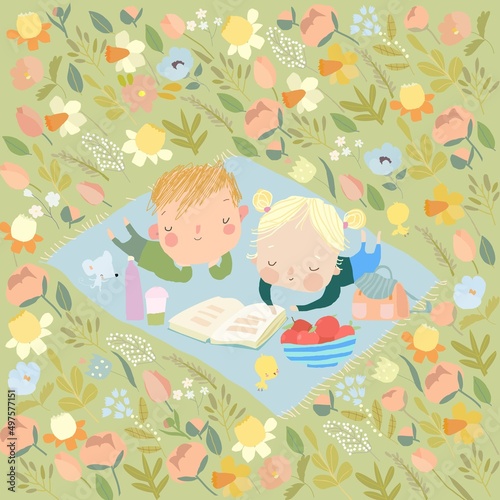 Cute Cartoon Kids reading Book on Flowers Meadow