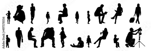 Vector silhouettes, Outline silhouettes of people, Contour drawing, people silhouette, Icon Set Isolated, Silhouette of sitting people, Architectural set	
