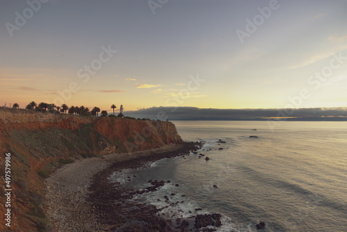 Panoramic image of the Palos Verdes Peninsula in Los Angeles County including the Point Vicente Lighthouse  shown at sunset time.