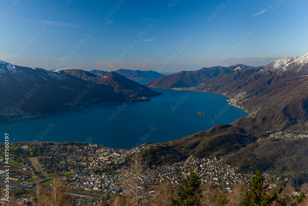 Cardada panoramic view over Maggiore blue lake in spring sunny morning