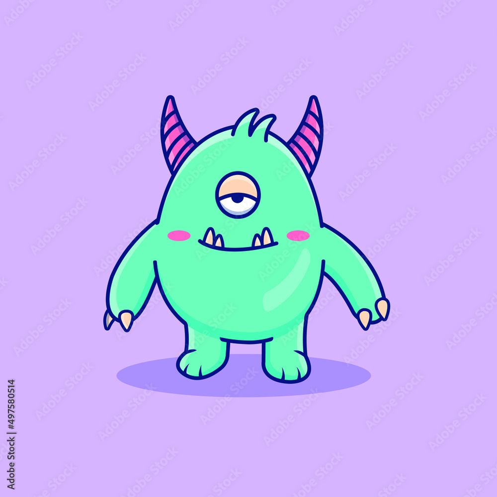 Fototapeta premium Cute cartoon blue monster in vector illustration. Animal isolated vector. Flat cartoon style