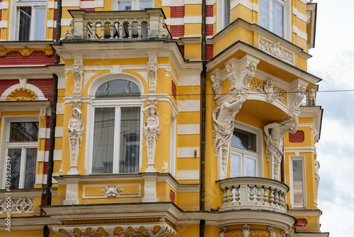 Marianske lazne, Czech Republic, 7 August 2021: Romantic architecture of Bohemia, spa city Marienbad, colorful houses with beautiful facades of wellness hotel at sunny summer day, cultural monument