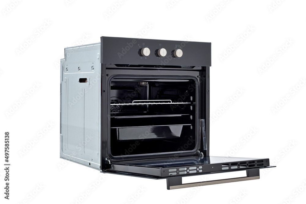Fototapeta premium Black oven with open door and three trays