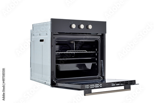 Black oven with open door and three trays