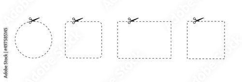 Coupon scissors cut template set. Coupon dashed line square, rectangle, circle and oval templates. Vector 10 EPS.