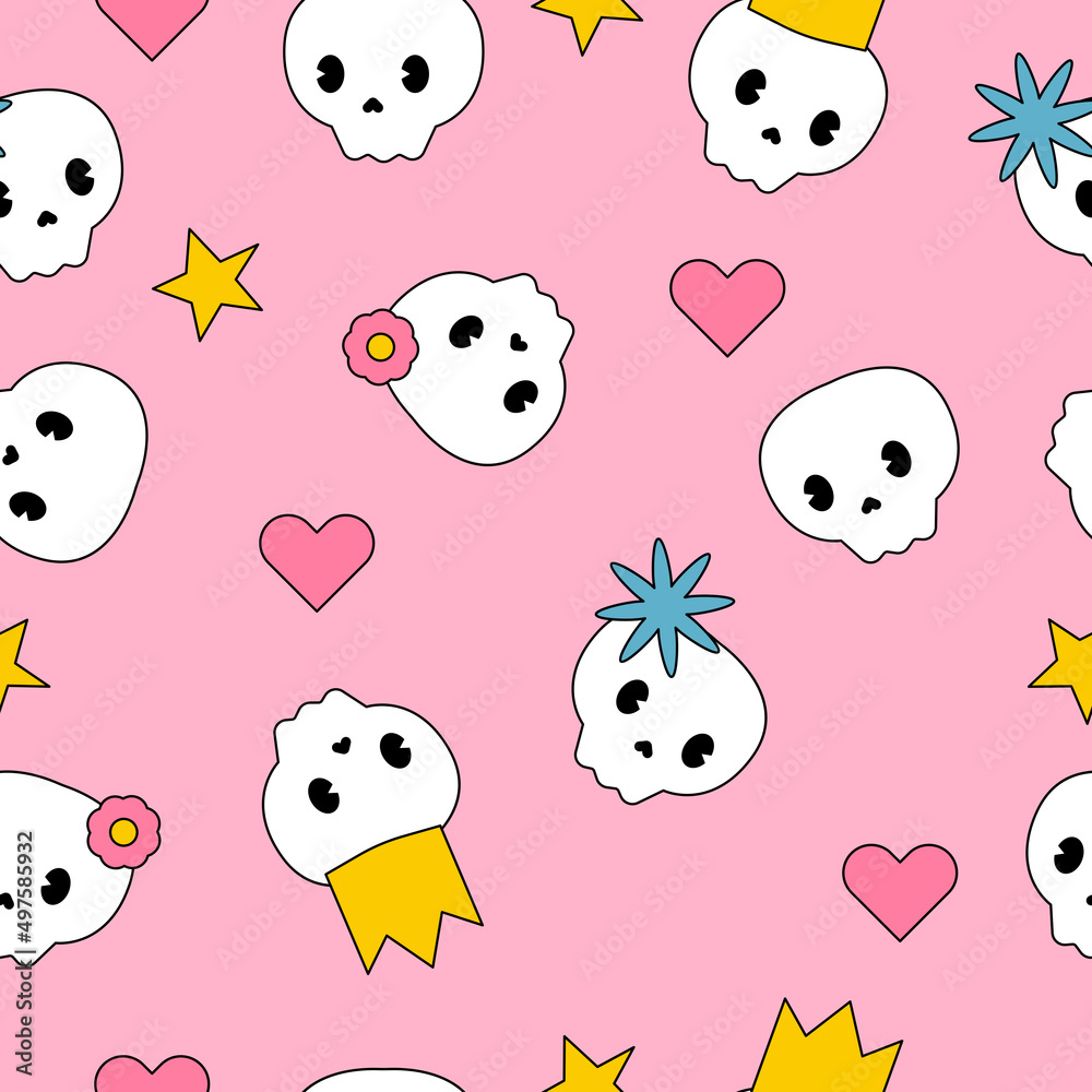Halloween seamless pattern with cute kawaii skulls on pink background. Cartoon characters with flowers, crowns, hearts and stars. Vector illustration. Halloween seamless pattern with cute kawaii skulls on pink background. Cartoon characters with flowers, crowns, hearts and stars. Vector illustration.