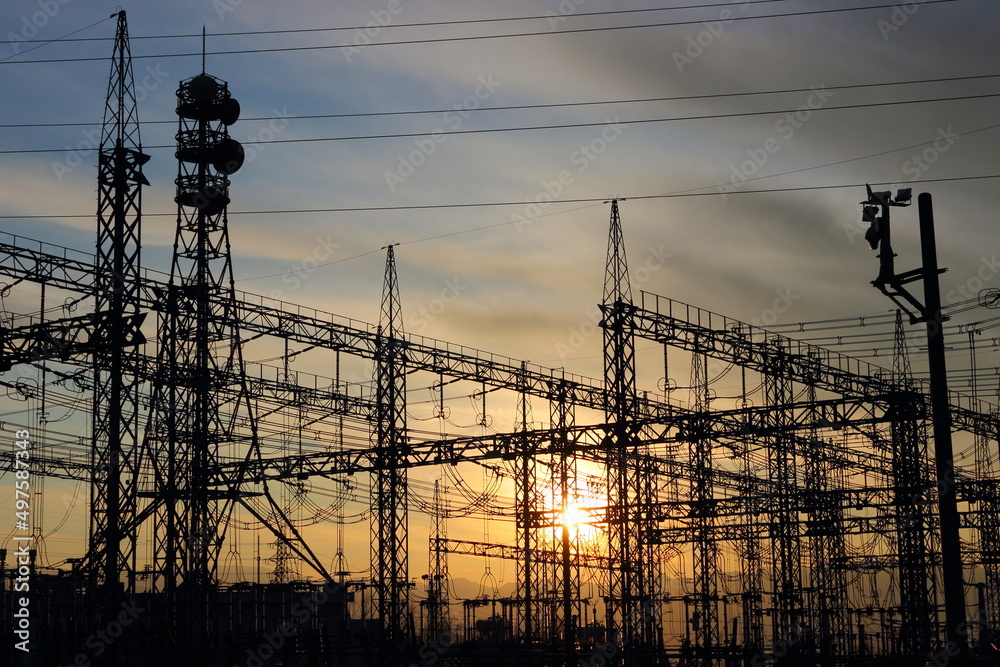 変電所と電線と空　夕日のシュルエットSubstation, electric wires and sky Sunset silhouette