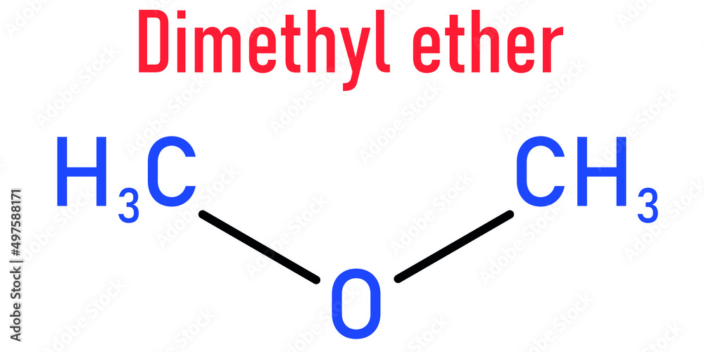 Dimethyl ether, methoxymethane, DME, molecule. Skeletal formula. Dimethyl ether, methoxymethane, DME, molecule. Skeletal formula.