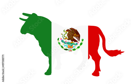 Bullfight bull with Mexico flag over vector silhouette illustration isolated on background. Mexican flag on animal bullfighting symbol. Strong animal in traditional corrida fight against matador.