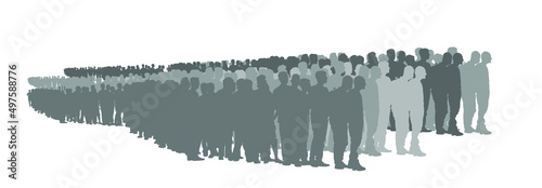 Group of refugees people waiting in line vector silhouette illustration isolated on white. Migration crisis in Europe. War migrants waves going to Europe. Border situation in Ukraine and EU, or Mexico