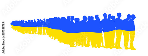 Group of refugees people waiting in line vector silhouette illustration isolated on black. Migration crisis in Europe. War migrants waves going to EU. Border situation Ukraine, war migrants need help.